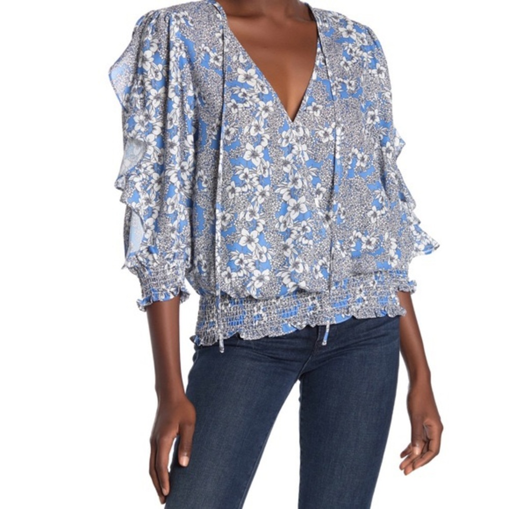Parker Blue Lyla Ruffle Sleeve Smocked Floral Blouse